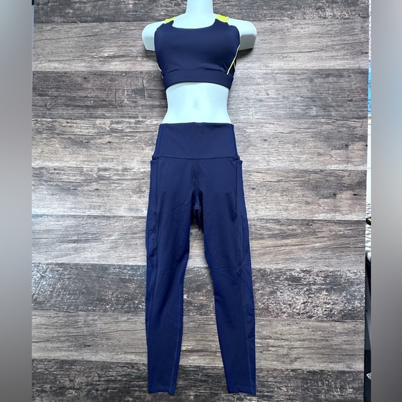 Laird Sports Bra & Legging Set Navy Blue & Yellow Womens Size Small - Picture 1 of 13